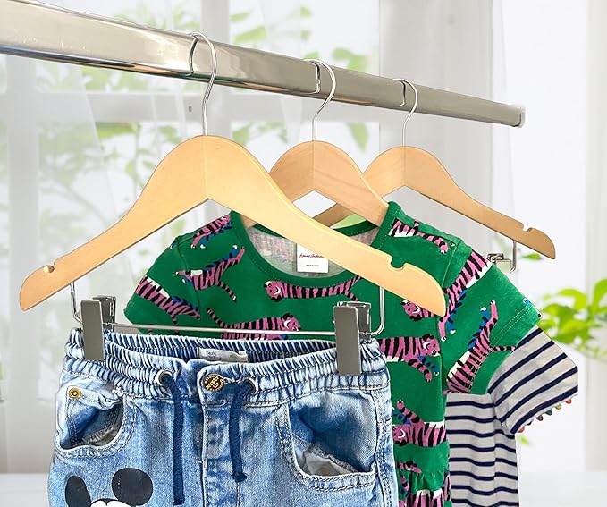 Kids Hangers with Metal Clips Pant Bar 4T-10 (Natural Wood)