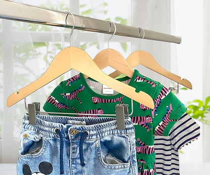 Kids Hangers with Metal Clips Pant Bar 4T-10 (Natural Wood)