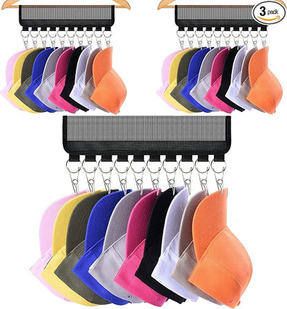 Baseball Cap Holder, 3 Pack Cap Organizer for Hanger & Closet, 10 Stainless Steel Hat Holder Clips to Hang Baseball Hats, Ball Caps, Accessories, Keep Your Closet Bedroom Door Tidy, Black Plastic Net