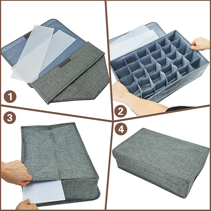 PINGMIC Gray Sock Organizer Divider 1 Pack with Lid - 30 Cell Foldable Closet Storage, Tie Organizer For Men Boxes for Socks, Ties, Belts