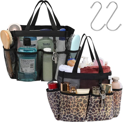 F-color Mesh Shower Caddy Portable - 2 Handles Upgrade Deeper 7 Pockets Basket Bag Tote for College Dorm Room Toiletry Bathroom Essentials Gym Camp Quick Dry with S Hook, 2 Pack, Black & Leopard