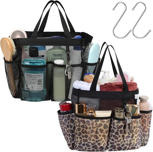 F-color Mesh Shower Caddy Portable - 2 Handles Upgrade Deeper 7 Pockets Basket Bag Tote for College Dorm Room Toiletry Bathroom Essentials Gym Camp Quick Dry with S Hook, 2 Pack, Black & Leopard