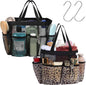 F-color Mesh Shower Caddy Portable - 2 Handles Upgrade Deeper 7 Pockets Basket Bag Tote for College Dorm Room Toiletry Bathroom Essentials Gym Camp Quick Dry with S Hook, 2 Pack, Black & Leopard