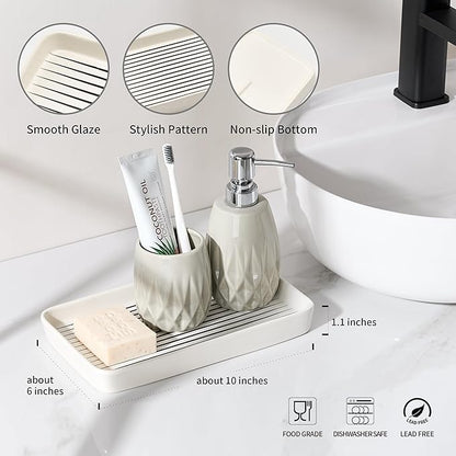 10"×6"×1" White Bathroom Vanity Tray for Countertop- Ceramic Decorative Organizer Tray for Dresser Tops, Toilet, Perfume, Sponge Holder Soap Dish Dispenser for Kitchen Counter- Black Stripes