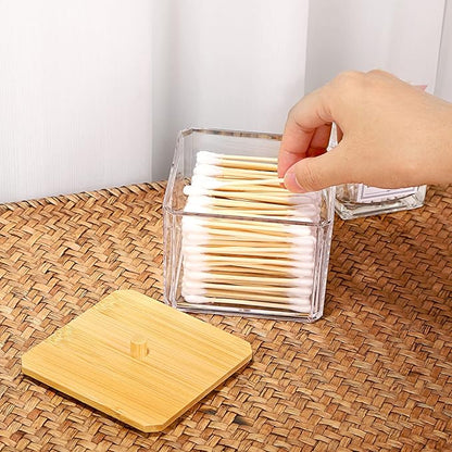 Hipiwe Acrylic Q-Tip Holder Dispenser with Lid Clear Plastic Bathroom Canisters Square Apothecary Jar Set Cotton Swab and Ball Storage Organizer for Cotton Round Pads, Floss