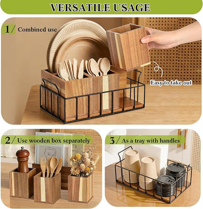 Silverware Holder for Party, Acacia Utensil Holder with 4 Removable Compartments for Countertop, Silverware Caddy Flatware Organizer Box for Utensil Spoons Forks Plate Napkin, Detachable Sevring Caddy