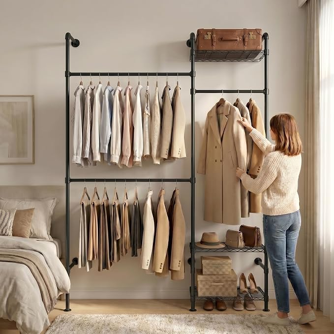 Wall Mounted Closet System – Adjustable Clothing Rack with 2 Expandable Rods & 3 Shelves, Heavy Duty Industrial Pipe Clothes Rack for Closet Organizer and Storage, Black