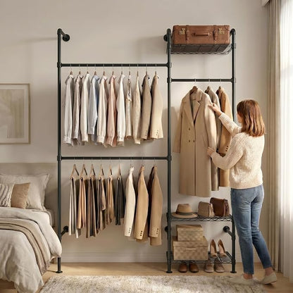 Wall Mounted Closet System – Adjustable Clothing Rack with 2 Expandable Rods & 3 Shelves, Heavy Duty Industrial Pipe Clothes Rack for Closet Organizer and Storage, Black