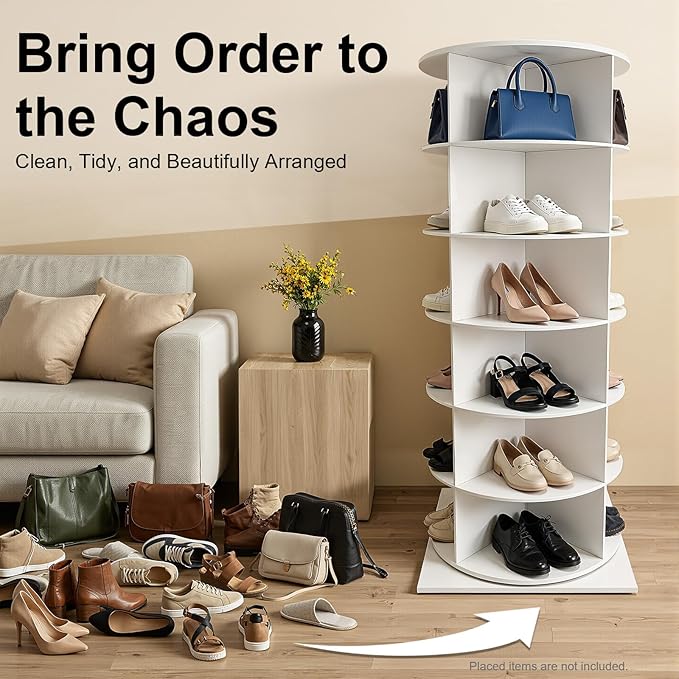 360° Rotating Shoe Rack Tower - Spinning Shoe Organizer for Entryway, Free Standing Lazy Susan Shoe Rack (6 Tiers 23.62 * 23.62 * 56.2in White)