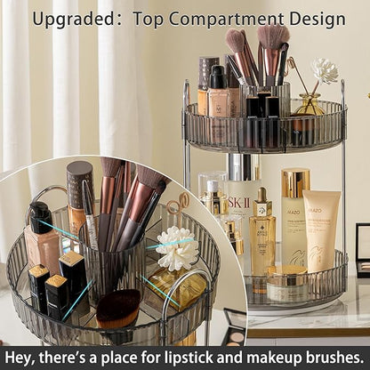 shuang qing Rotating Makeup Organizer for Vanity, High-Capacity Skincare Clear Make Up Storage Perfume Organizers Cosmetic Dresser Organizer Countertop 360 Spinning (Gray, New-2 Tier)