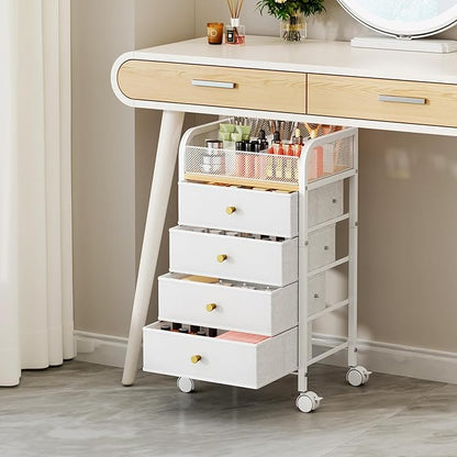 SWTYMIKI Rolling Makeup Organizer Cart - 14.96″*11.81″*27.55″ Widened Under Desk Vanity Storage with 4 Non-woven Drawers, Cosmetic Display Cases for Skin Care Perfume Nail Polish Brush Hair Tool White
