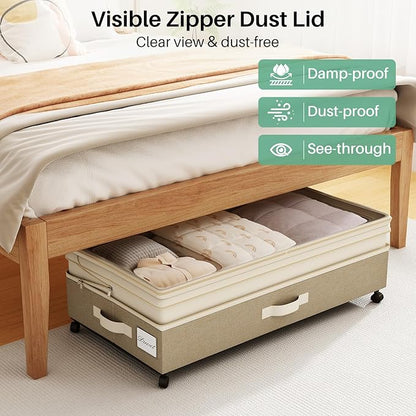 Kitstorack 4 Pack Height-adjustable Under Bed Storage with Wheels, Under Bed Storage Containers,Under Bed Shoe Storage Organizer with Clear Window&Label, Suitable for Clothes Storage, Beige & Linen