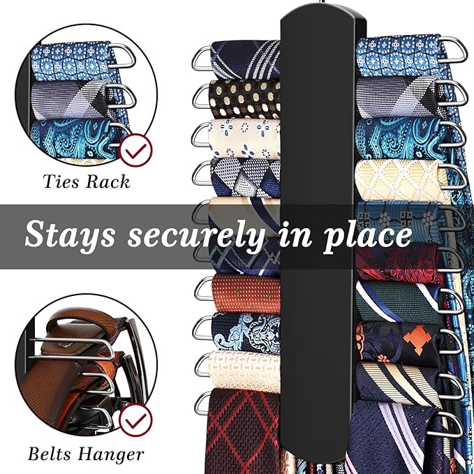 2 Pack Tie Rack for Closet, Premium Wooden Necktie Organizer Storage Tie/Belt Hanger, 360 Degree Swivel Space Saving Ties Holder for Men Hanging 40 Ties Black