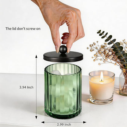 Amolliar Sage Green Glass Apothecary Jar, Qtip Holder Dispenser for Cotton Swabs, Balls, Makeup Pads, Floss Picks, Bathroom Essential Accessories, Countertop Canister Storage Organizer (Black, 2 Pack)