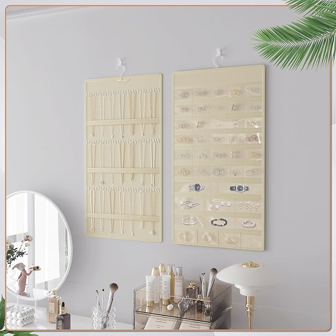 Hanging Jewelry Organizer Storage Roll, Double-Sided Necklaces Holder, 42 Pockets Plus 36 hooks Earrings Organizer Hang in Closet, On Wall, or Doors, Beige