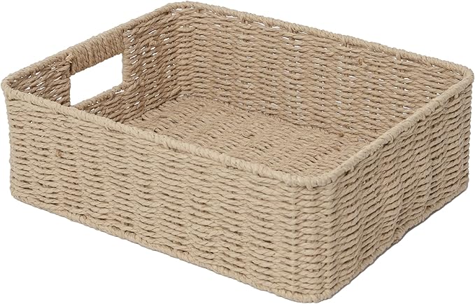 Drawer basket Handwoven Paper Rope Rectangular Shallow Basket Storage-15.35X12.01X4.72 Inches (Brown)