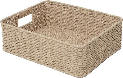 Drawer basket Handwoven Paper Rope Rectangular Shallow Basket Storage-15.35X12.01X4.72 Inches (Brown)