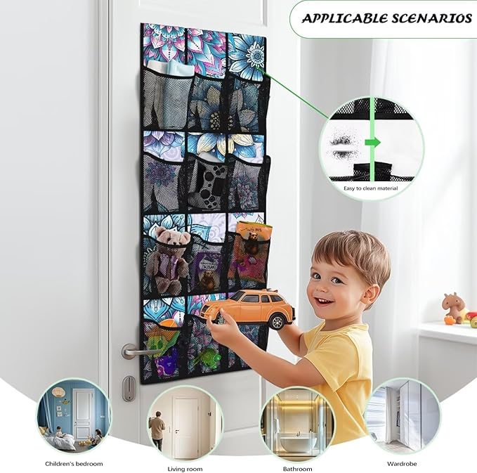 Blue Bohemian Over the Door Dorm Hanging Organizer - Space Saving 12 Pockets for Stationery, Snacks for Kitchen, Office, Dorm Rooms
