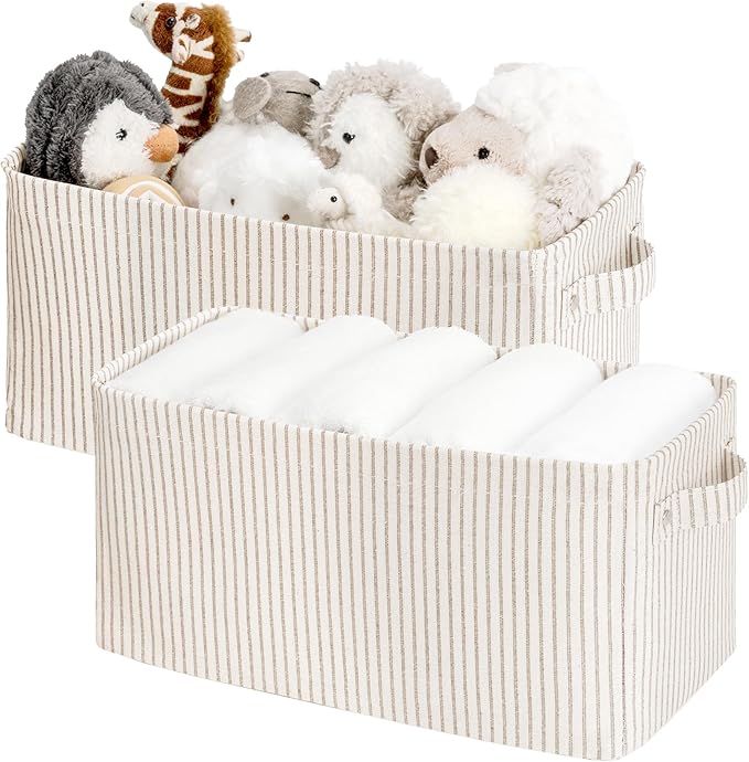 StorageWorks Narrow Storage Bins, Small Basket for Closet and Shelves, Rectangular Fabric Organizer with Handles, Toilet Paper Storage, Khaki and Beige Stripes, 2-Pack
