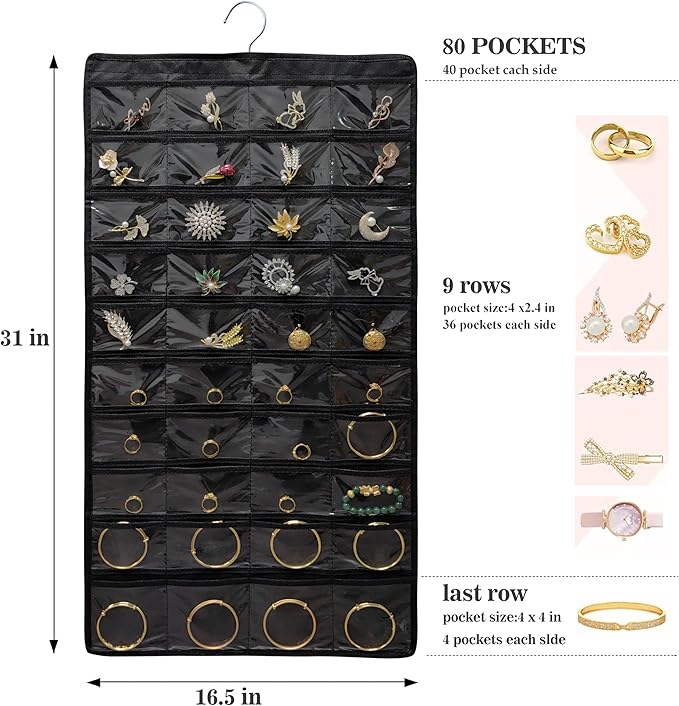 2 PACK (Each Pack 80 Pockets,Total 160 Pockets) Hanging Jewelry Organizer with Hanger Metal Hooks Storage On Wall Door Closet Double-Sided Jewelry Holder for Earrings, Necklaces, Rings (2 Pcs Black)