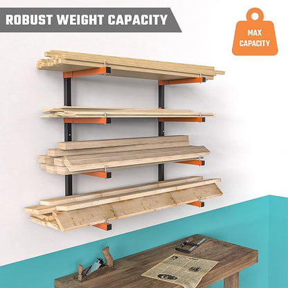 Lumber Storage Rack, Snap-Fit Connection Lumber Rack Wall Mount, Heavy Duty Metal 4 Level-32 Inch Wood Storage Rack