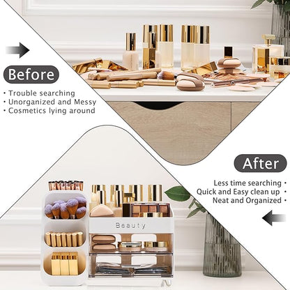 Makeup Organizer for Vanity with Brush Holder, Countertop Makeup organizer with Drawers for Skincare, Cosmetics, Perfumes, Eyeshadow Palettes, Spacious Cosmetic storage organizer