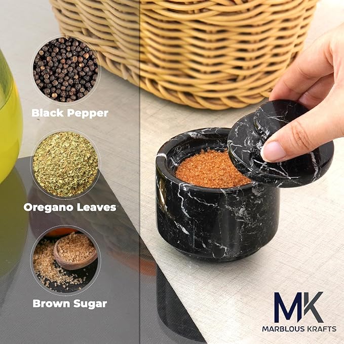 MARBLOUS KRAFTS Marble Salt Cellar 3" Inch Black Zebra Stone Salt Dish, Sugar, Seasoning Salt Containers for Countertop, Modern Salt Holder with Lid, Kitchen Spice Jar, Perfect Mother’s Day Gift