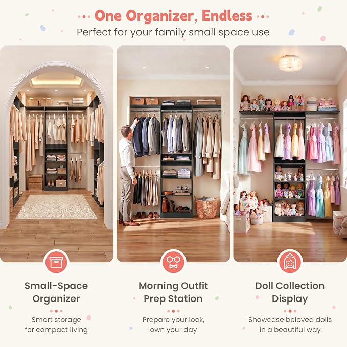 iSunirm 48" Small Closet System, Space-Saving Wall-Mounted Wardrobe Organizer, Mini Garment Rack for Narrow Spaces, Morning Outfit Prep Station & Nursery Dress-up Storage, Black