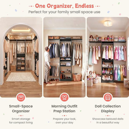 iSunirm 48" Small Closet System, Space-Saving Wall-Mounted Wardrobe Organizer, Mini Garment Rack for Narrow Spaces, Morning Outfit Prep Station & Nursery Dress-up Storage, Black
