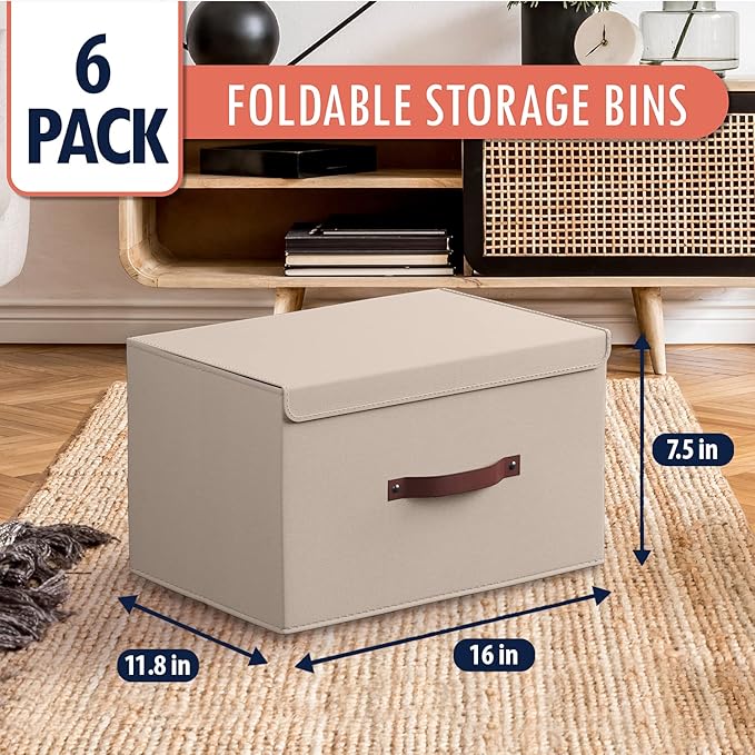Ornavo Home 6 Pack Collapsible Storage Bins with Lid, Foldable Linen Fabric Shelf Storage Basket Closet Organizer and Large Storage Box for Clothes with Leather Handles, 16.5 x 11.8 x 7.5, Beige
