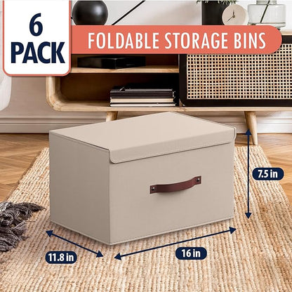 Ornavo Home 6 Pack Collapsible Storage Bins with Lid, Foldable Linen Fabric Shelf Storage Basket Closet Organizer and Large Storage Box for Clothes with Leather Handles, 16.5 x 11.8 x 7.5, Beige