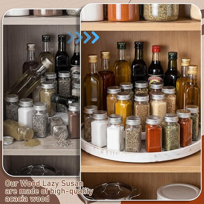 20'' Wood Lazy Susan for Countertop Acacia Large Turntable Rotating Serving Tray for Table Top Non Skid Kitchen Tray Revolving Condiment Spice Rack Table Organization Storage, White