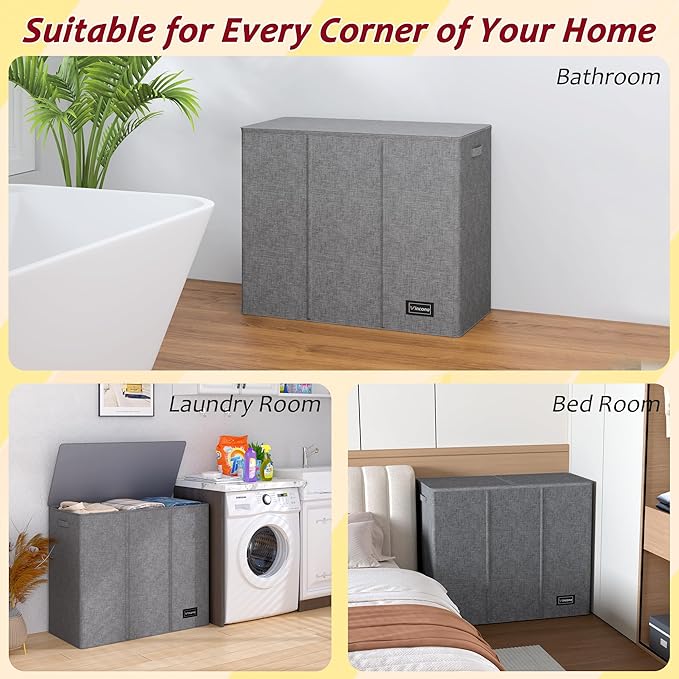 195L Laundry Hamper 3 Section,Large Laundry Hamper with Lid,Dirty Clothes Hamper with 3 Inner Bags,Collapsible Laundry Basket Organizer for Laundry Room,Bedroom,Laundry Sorter Hamper 3 Compartment
