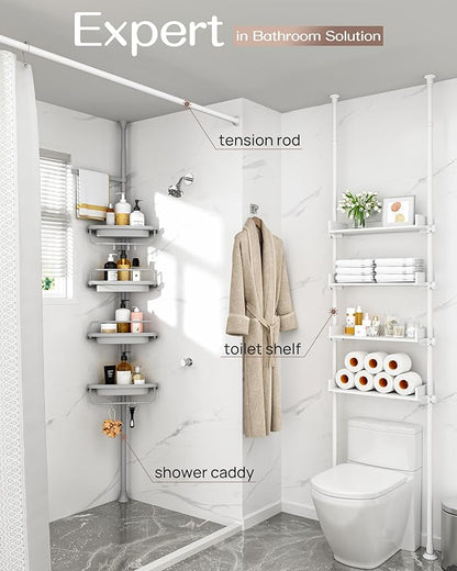 ALLZONE Corner Shower Caddy Tension Pole, Extendable Rustproof Stainless Steel Pole & 4-Tier Adjustable Shelves for Easy Drainage and Built-to-Last Stability, 34 to 116 Inches, Grey