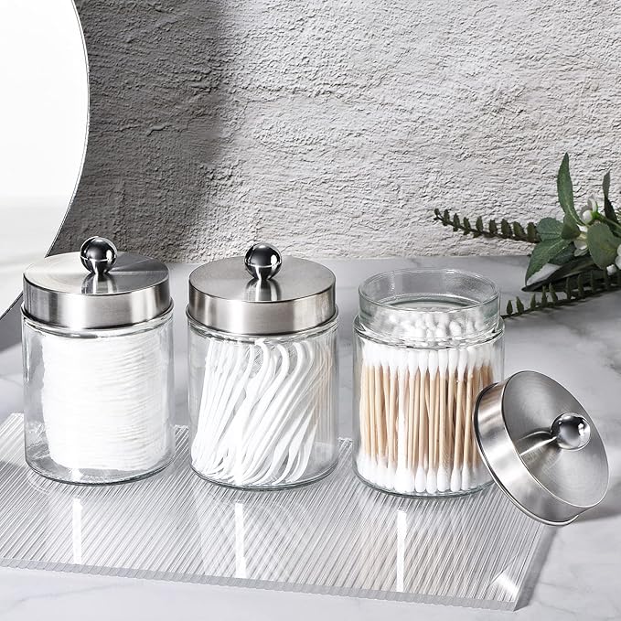 3PC Apothecary Jar Canisters Bathroom Vanity Organizer - Qtip Holder Storage Countertop & Stainless Steel Lids &Cute Stickers for Qtips,Cotton Swabs,Makeup Sponges,Floss (Brushed Nickel)
