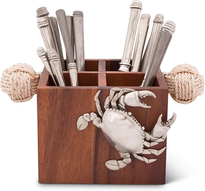Vagabond House Caddy Square Acacia Wood Flatware/Serve ware/Utensil/Carry-All Holder with Solid Pewter Crab Accent and Real Rope Handles, 4 Compartments 11 inch x 8 inch