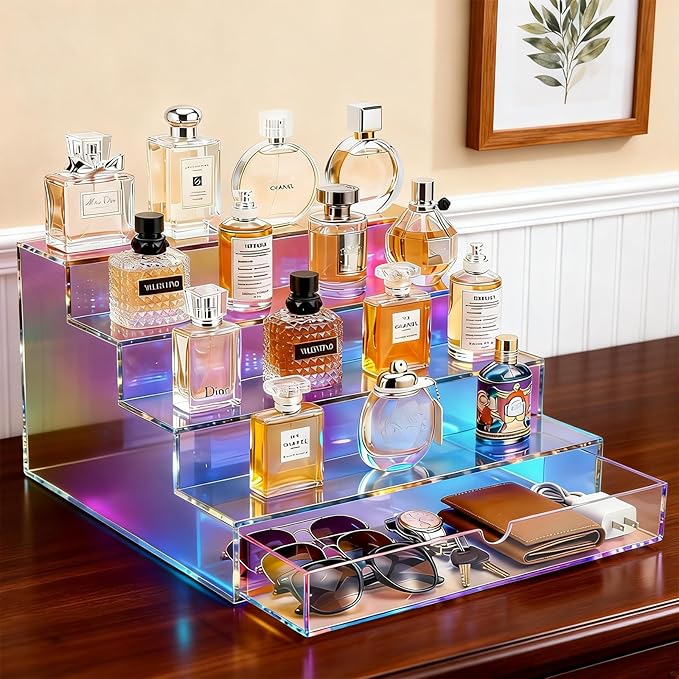 Cologne Organizer for Men with Drawer Acrylic Cologne Stand for Men 4-Tier Cologne Display Shelf Cosmetic Display Case, Iridescent