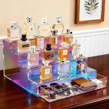 Cologne Organizer for Men with Drawer Acrylic Cologne Stand for Men 4-Tier Cologne Display Shelf Cosmetic Display Case, Iridescent