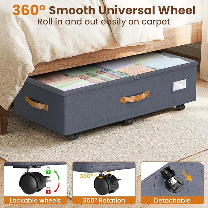 Budding Joy Under Bed Storage with Wheels 2Pack, 80L Height Adjustable Underbed Containers with Clear Lids, Rolling Under Bed Shoe Storage Organizer for Dorm Home Clothes, Blankets, Toys, Grey
