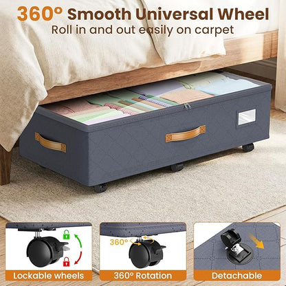 Budding Joy Under Bed Storage with Wheels 2Pack, 80L Height Adjustable Underbed Containers with Clear Lids, Rolling Under Bed Shoe Storage Organizer for Dorm Home Clothes, Blankets, Toys, Grey