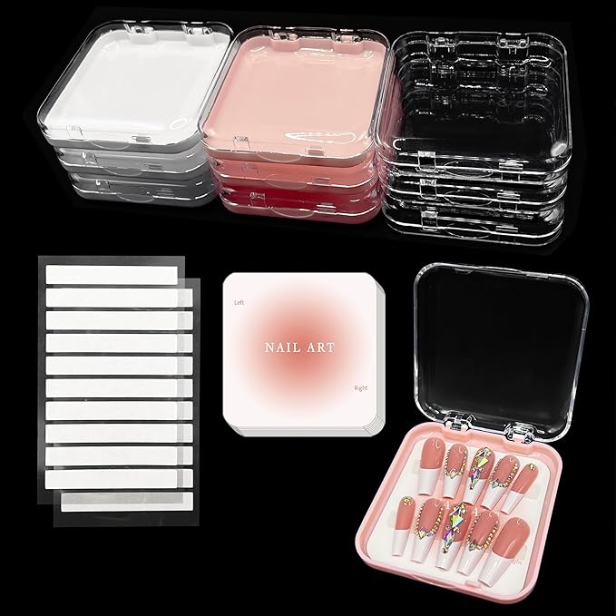 Qsnidy 9 Pcs Press On Nail Storage Box in 3 Colors, Acrylic Fake Nail Case with 9 Display Cards and 2 Sheets of Double-Sided Adhesive Tape (20 Strips) for Nail Art Home Salon Packaging Use