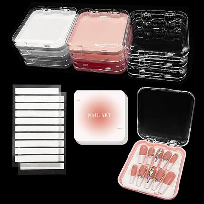 Qsnidy 9 Pcs Press On Nail Storage Box in 3 Colors, Acrylic Fake Nail Case with 9 Display Cards and 2 Sheets of Double-Sided Adhesive Tape (20 Strips) for Nail Art Home Salon Packaging Use