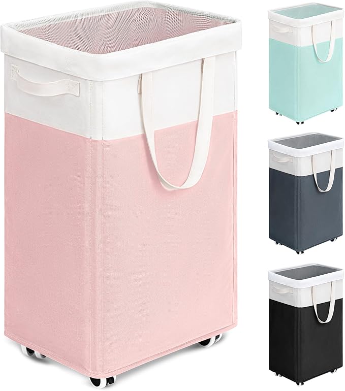 Goodpick Laundry Basket with Wheels, 75L Tall Clothes Hamper, Large Laundry Basket with Removable Wash Bag for Corner Dorm, Rolling Hamper, Pink&White