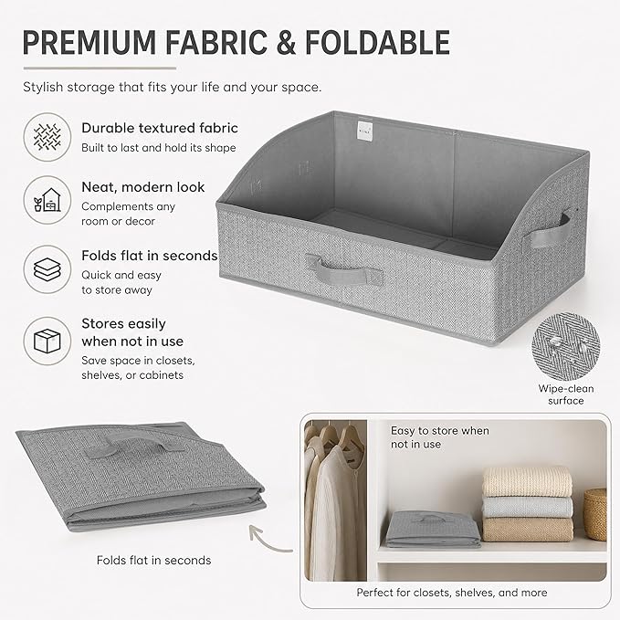 WUIKE Closet Organizers and Storage, Trapezoid Storage Bins, Fabric Closet Bins with Handles, Foldable Storage Baskets for Clothes, Purse, Blanket, Herringbone Gray, Extra Large, 3-Pack
