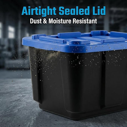 12 Gallon Rugged Plastic Storage Bins with Latching Lids - Stackable Heavy Duty Totes for Garage, Basement, Workshop, Camping and Home Organization, Black 4-Pack Utility Container Set