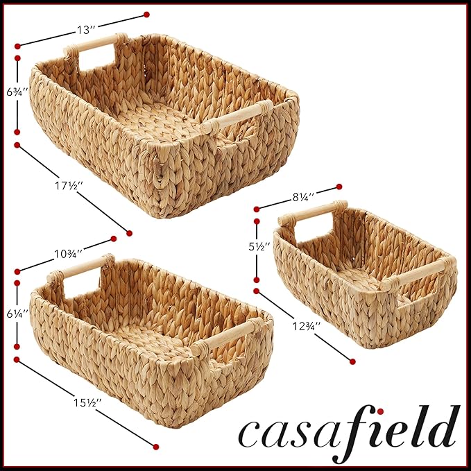 Casafield Set of 3 Water Hyacinth Oval Storage Baskets with Wooden Handles - Small, Medium, Large - Woven Nesting Basket Organizers
