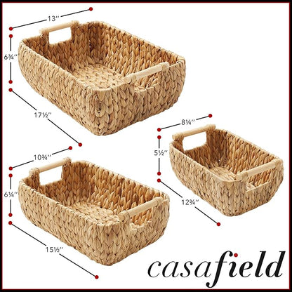 Casafield Set of 3 Water Hyacinth Oval Storage Baskets with Wooden Handles - Small, Medium, Large - Woven Nesting Basket Organizers