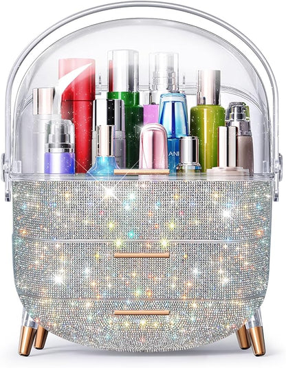 Makeup Organizer For Teen Girl Birthday Gifts, Cosmetic Display Cases with Transparent Cover, Skincare Organizers for Vanity, Perfume Organizer, Lotions Display Case, Lipstick Organizer (Rhinestone)