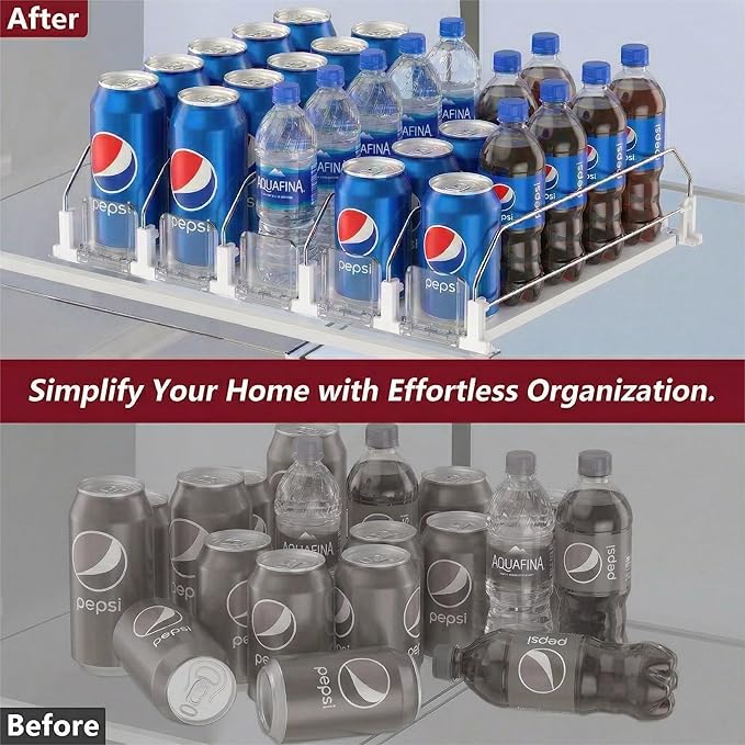 Self-Pushing Beverage Organizer for Fridge – Adjustable Spring Loaded Drink Dispenser & Soda Can Organizer – Clear Glide Rack Fits Cans, Bottles, Slim & Standard Sizes for Kitchen Pantry (5 Rows)