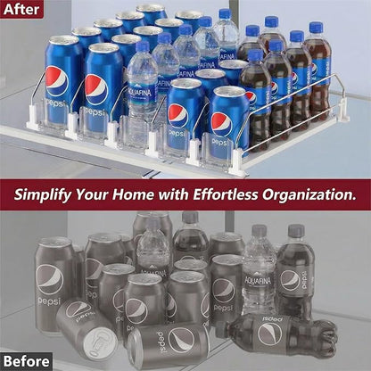 Self-Pushing Beverage Organizer for Fridge – Adjustable Spring Loaded Drink Dispenser & Soda Can Organizer – Clear Glide Rack Fits Cans, Bottles, Slim & Standard Sizes for Kitchen Pantry (5 Rows)